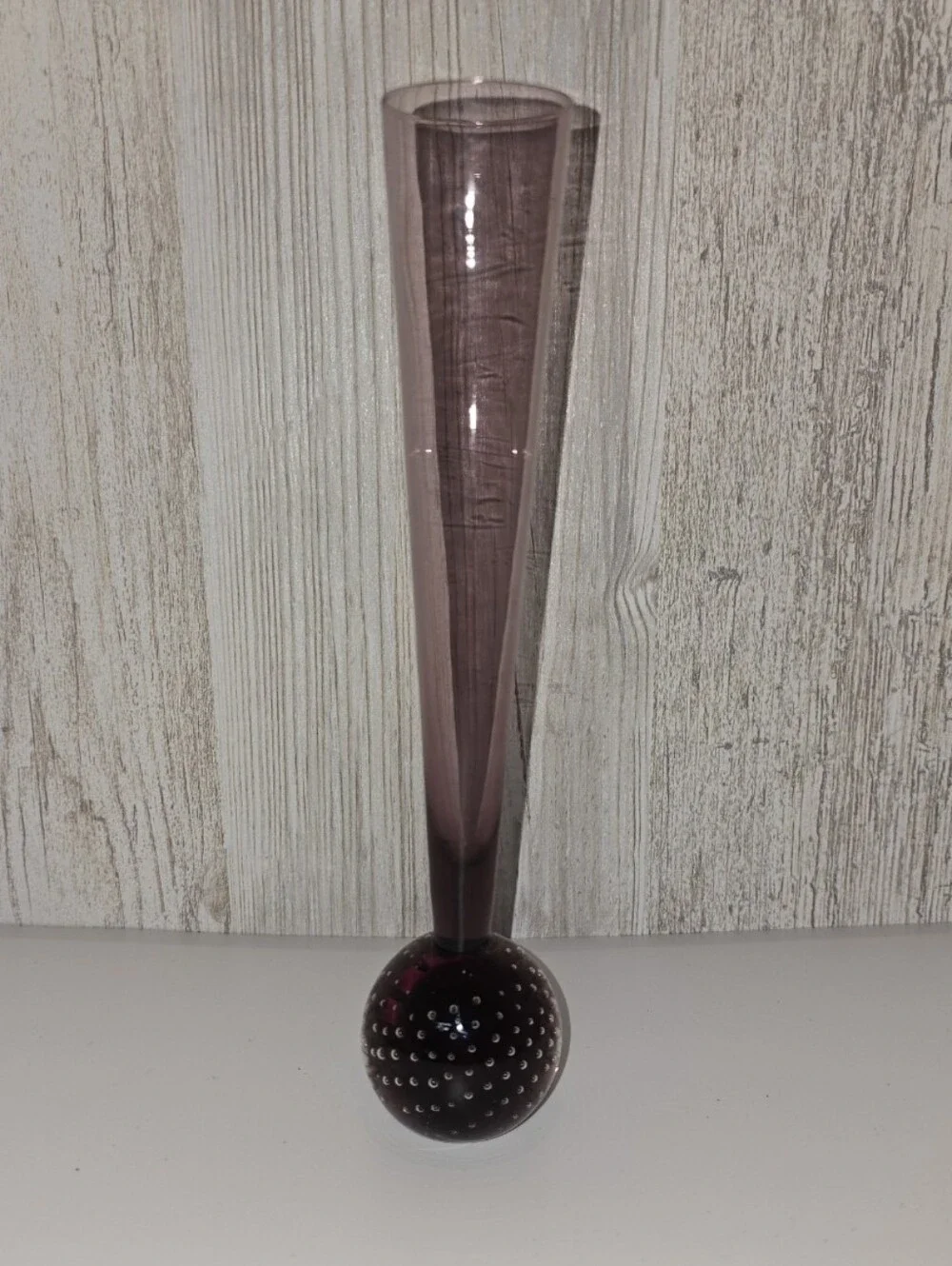 Vintage Amethyst Controlled Bubble Hand Blown Art Glass Bud Vase 8” Tall MCM